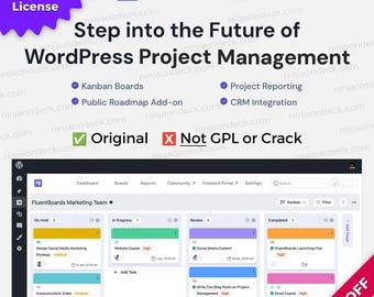 May include: Image of the FluentBoards WordPress project management software interface. The interface displays a Kanban board with task cards. The image includes text that says "Authentic Lifetime License" and "Original, Not GPL or Crack."