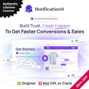 Peut inclure: Graphique promotionnel pour NotificationX, une solution de preuve sociale et de marketing. Le design présente une icône de cloche violette, le nom du produit et le slogan "Build Trust, Create Urgency". Il comprend des captures d'écran des fonctionnalités du produit et une offre de réduction.