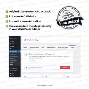 Puede incluir: Captura de pantalla de una interfaz de plugin de WordPress, que muestra la configuraci&oacute;n y el estado de activaci&oacute;n. El texto destaca caracter&iacute;sticas como la licencia original, la activaci&oacute;n instant&aacute;nea y las actualizaciones directas. Una insignia garantiza la autenticidad.