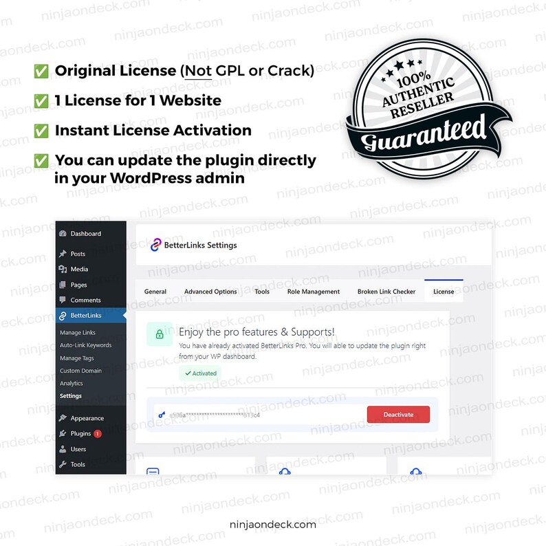 Puede incluir: Captura de pantalla de una interfaz de plugin de WordPress, que muestra la configuraci&oacute;n y el estado de activaci&oacute;n. El texto destaca caracter&iacute;sticas como la licencia original, la activaci&oacute;n instant&aacute;nea y las actualizaciones directas. Una insignia garantiza la autenticidad.