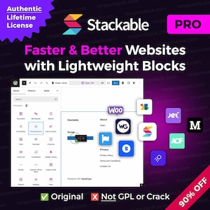Op de afbeelding: Een promotieafbeelding voor Stackable, een websitebouwer. De afbeelding bevat het Stackable-logo, tekst en een screenshot van de interface van de websitebouwer. De tekst bevat "Faster & Better Websites with Lightweight Blocks."