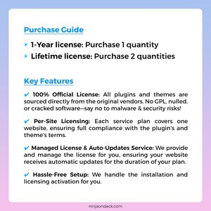 May include: A digital product information graphic with a blue and white background. The text includes "Purchase Guide" with options for 1-year and lifetime licenses. Key features are listed, including official licenses, per-site licensing, managed licenses, and hassle-free setup.