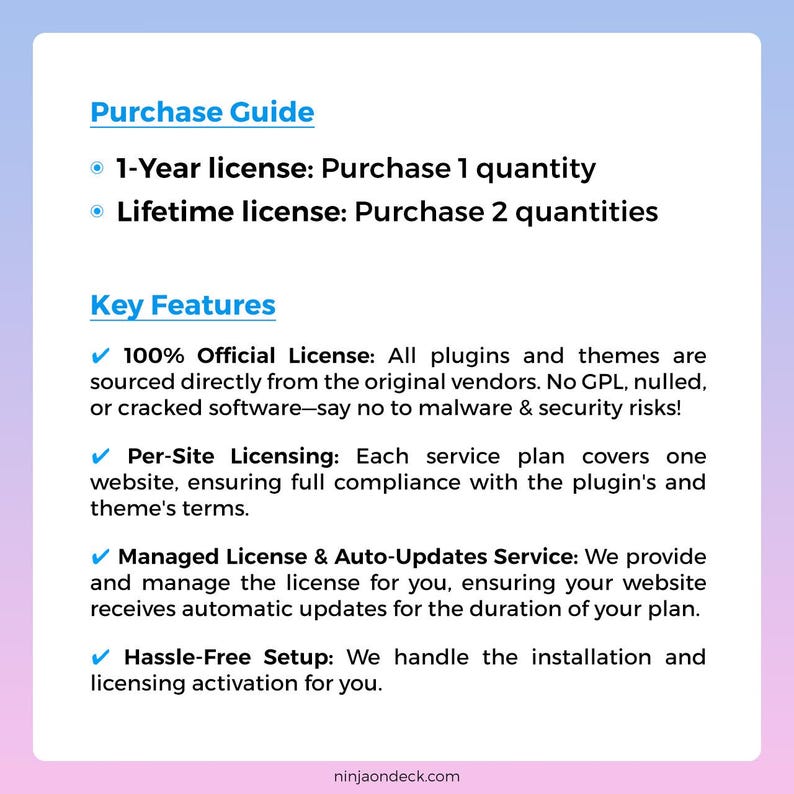 May include: A digital product information graphic with a blue and white background. The text includes "Purchase Guide" with options for 1-year and lifetime licenses. Key features are listed, including official licenses, per-site licensing, managed licenses, and hassle-free setup.