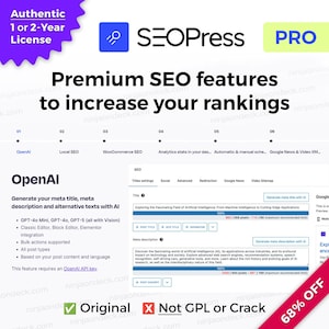 May include: A promotional graphic for SEOPress PRO, advertising SEO features to improve rankings. The image includes text about OpenAI, meta descriptions, and a 68% off sale. The design is primarily white, blue, and purple.