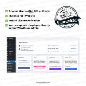 May include: Image of a website interface with the Divi overview. The image includes a guarantee seal and text indicating an original license, one license per website, instant activation, and direct plugin updates.