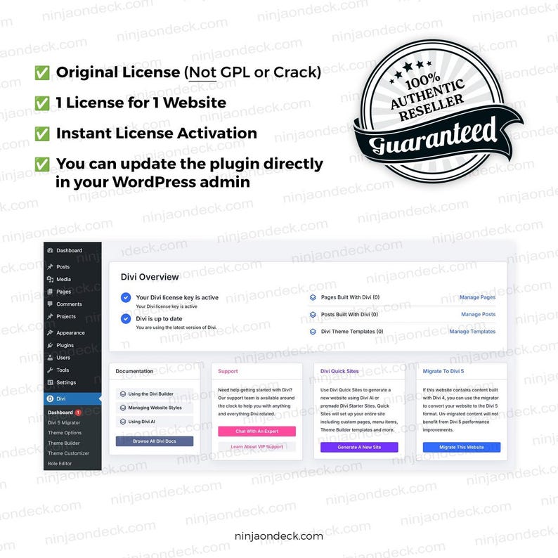 May include: Image of a website interface with the Divi overview. The image includes a guarantee seal and text indicating an original license, one license per website, instant activation, and direct plugin updates.
