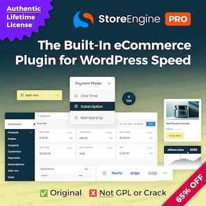 Könnte beinhalten: Werbebild für StoreEngine PRO, ein E-Commerce-Plugin für WordPress. Das Bild zeigt eine Dashboard-Oberfläche mit Optionen für Zahlungsmodelle, einschließlich Abonnementdiensten. Der Text hebt eine authentische Lifetime-Lizenz hervor.