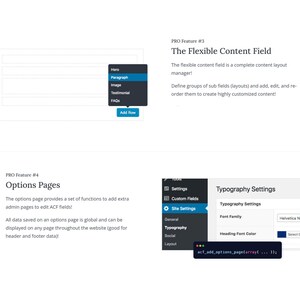 May include: Screenshot of a website's backend interface, showcasing options for content management and customization. The image highlights features like flexible content fields, options pages, and typography settings. The interface includes dropdown menus and text fields.