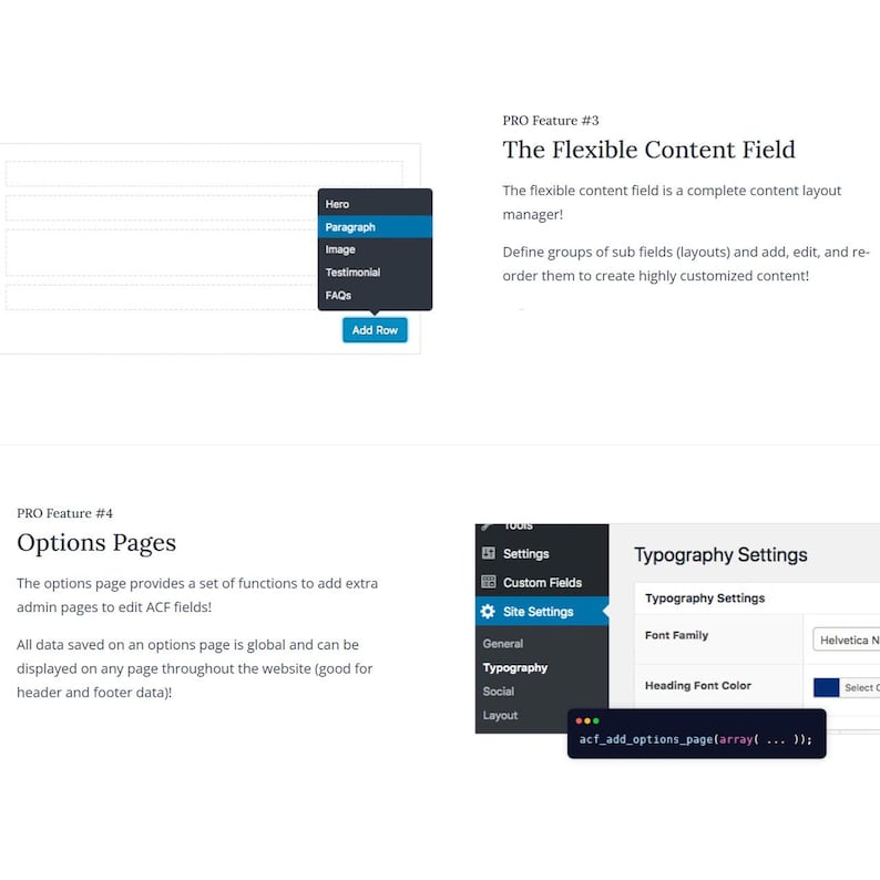 May include: Screenshot of a website's backend interface, showcasing options for content management and customization. The image highlights features like flexible content fields, options pages, and typography settings. The interface includes dropdown menus and text fields.