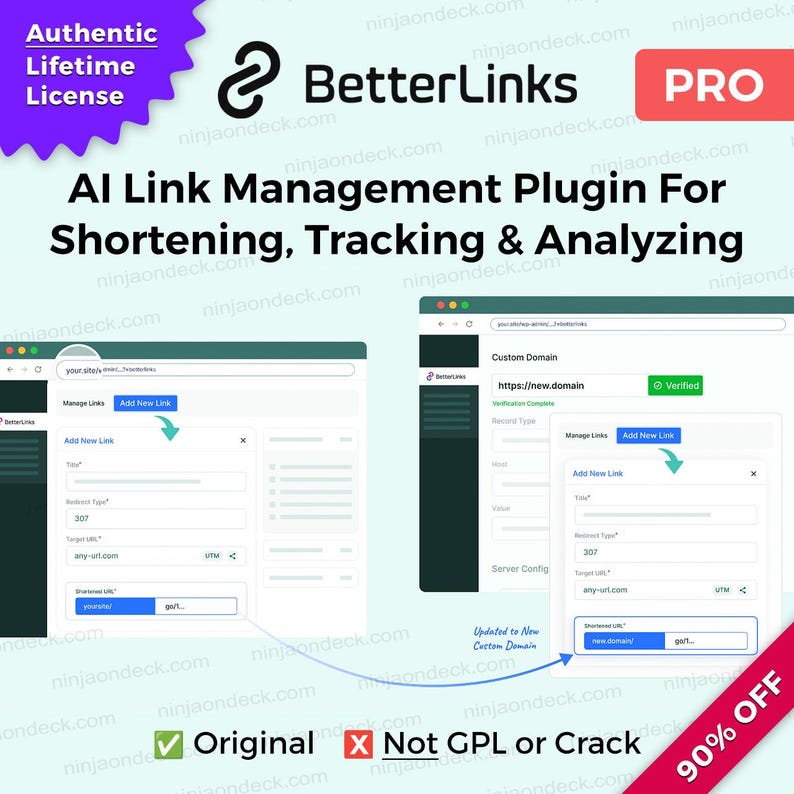 Puede incluir: Imagen promocional de BetterLinks, un plugin de gesti&oacute;n de enlaces de IA. La imagen presenta el logotipo de BetterLinks, el texto "AI Link Management Plugin For Shortening, Tracking & Analyzing" y capturas de pantalla de la interfaz del plugin. Incluye el texto "Authentic Lifetime License."