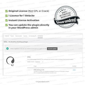 May include: A website screenshot showing the WPML WordPress Multilingual Plugin. The image includes a guarantee badge, checkmarks, and text such as "Original License," "1 License for 1 Website," and "Instant License Activation."