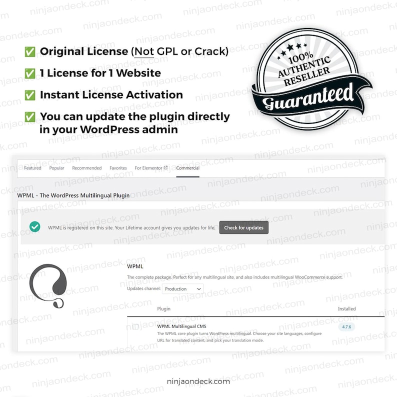 May include: A website screenshot showing the WPML WordPress Multilingual Plugin. The image includes a guarantee badge, checkmarks, and text such as "Original License," "1 License for 1 Website," and "Instant License Activation."