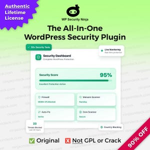 May include: A promotional graphic for a WordPress security plugin. The design features a green and white interface displaying a security score of 95%. Text includes "The All-In-One WordPress Security Plugin" and "Authentic Lifetime License."