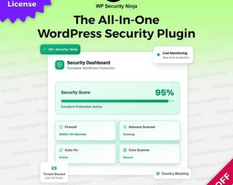 May include: A promotional graphic for a WordPress security plugin. The image features a green and white interface displaying a security score of 95% and various security features. Text includes "Authentic Lifetime License" and "The All-In-One WordPress Security Plugin."
