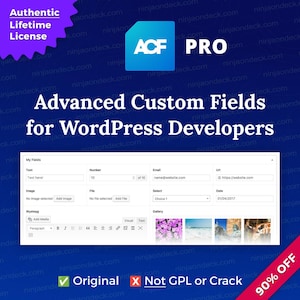 Op de afbeelding: Een digitale afbeelding met de ACF PRO-software voor WordPress-ontwikkelaars. De afbeelding toont een gebruikersinterface met velden voor tekst, getallen en afbeeldingen. Tekst in de afbeelding is "Authentic Lifetime License" en "Original".
