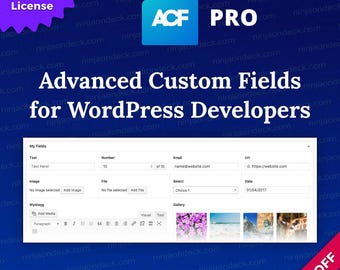 Puede incluir: Un gráfico digital que promociona "Advanced Custom Fields for WordPress Developers". La imagen presenta una interfaz de software con campos de texto y una galería. El texto incluye "Authentic Lifetime License" y "Original". También se muestra una promoción del 90% de descuento.