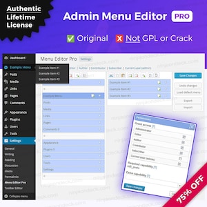 Puede incluir: Una captura de pantalla de la interfaz de Admin Menu Editor Pro. La interfaz muestra opciones de men&uacute;, configuraciones y una ventana de permisos. La imagen incluye texto como "Authentic Lifetime License" y "Original". Una pancarta roja indica un 75% de descuento.