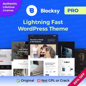 May include: A promotional image for Blocksy Pro, a WordPress theme, features a blue and white logo, the text "Lightning Fast WordPress Theme," and website design previews. The image also includes the text "Authentic Lifetime License" and "Original."