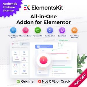 May include: Promotional graphic for ElementsKit, an all-in-one addon for Elementor. The image features the ElementsKit logo, a product interface, and icons representing various features like Header & Footer Builder and Social Feeds. Text includes "Authentic Lifetime License" and "78% OFF."