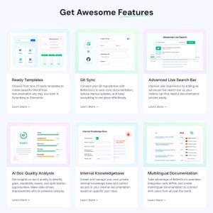 May include: A webpage layout showcasing software features. The title "Get Awesome Features" is at the top. Features include ready templates, Git sync, advanced live search bar, AI doc quality analysis, internal knowledge base, and multilingual documentation.