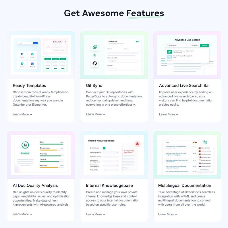 May include: A webpage layout showcasing software features. The title "Get Awesome Features" is at the top. Features include ready templates, Git sync, advanced live search bar, AI doc quality analysis, internal knowledge base, and multilingual documentation.
