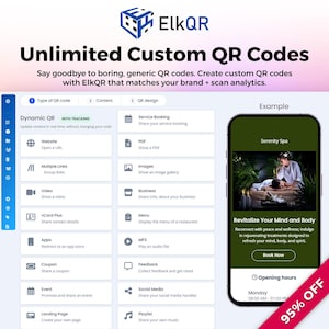 May include: An advertisement for ElkQR, offering unlimited custom QR codes. The image shows a phone screen with a spa advert, a list of QR code options, and the text "95% OFF". The ElkQR logo is also visible.