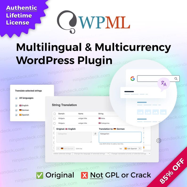 May include: An advertisement for a WordPress plugin, featuring the WPML logo and the text "Multilingual & Multicurrency WordPress Plugin". The image includes screenshots of the plugin's interface and text that reads "Authentic Lifetime License" and "Original".