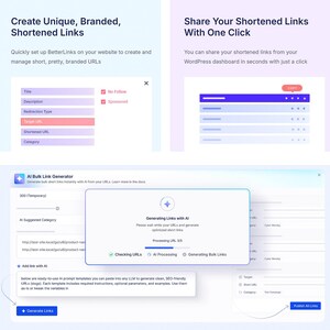 Puede incluir: Capturas de pantalla que muestran las funciones de un sitio web para crear y administrar URL acortadas. La interfaz incluye opciones para t&iacute;tulos, descripciones y tipos de redireccionamiento. La imagen tambi&eacute;n destaca la generaci&oacute;n de enlaces masivos impulsada por IA.