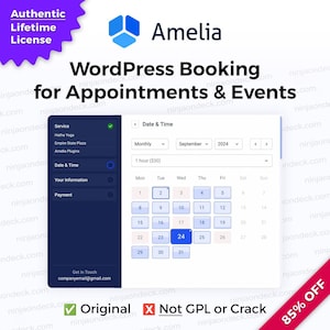 Może przedstawiać: Zrzut ekranu interfejsu wtyczki Amelia WordPress Booking. Interfejs wyświetla kalendarz na wrzesień 2024 r., z wyróżnionym 24. Interfejs pokazuje również opcje wyboru usługi, daty i godziny oraz płatności.