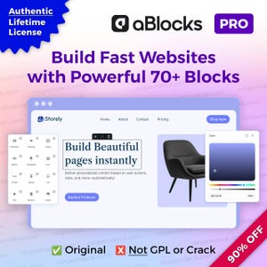 Könnte beinhalten: Werbebild für aBlocks PRO, das den Website-Bau mit über 70 Blöcken zeigt. Das Bild zeigt eine Website-Design-Oberfläche, einen modernen Stuhl und ein Farbpinsel-Tool. Text: "Build Beautiful pages instantly" und "Authentic Lifetime License".
