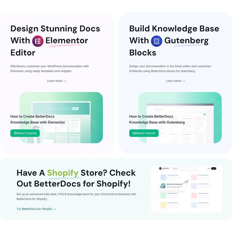 May include: A digital marketing graphic with text promoting website documentation tools. The image features text blocks with headings like "Design Stunning Docs" and "Build Knowledge Base." It also includes screenshots of website interfaces and calls to action.