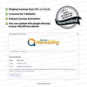 Puede incluir: Captura de pantalla de la interfaz del plugin "Admin Menu Editor Pro", que muestra informaci&oacute;n de licencia y una insignia de "100% Authentic Reseller Guaranteed". La interfaz muestra el estado y la fecha de caducidad del plugin.