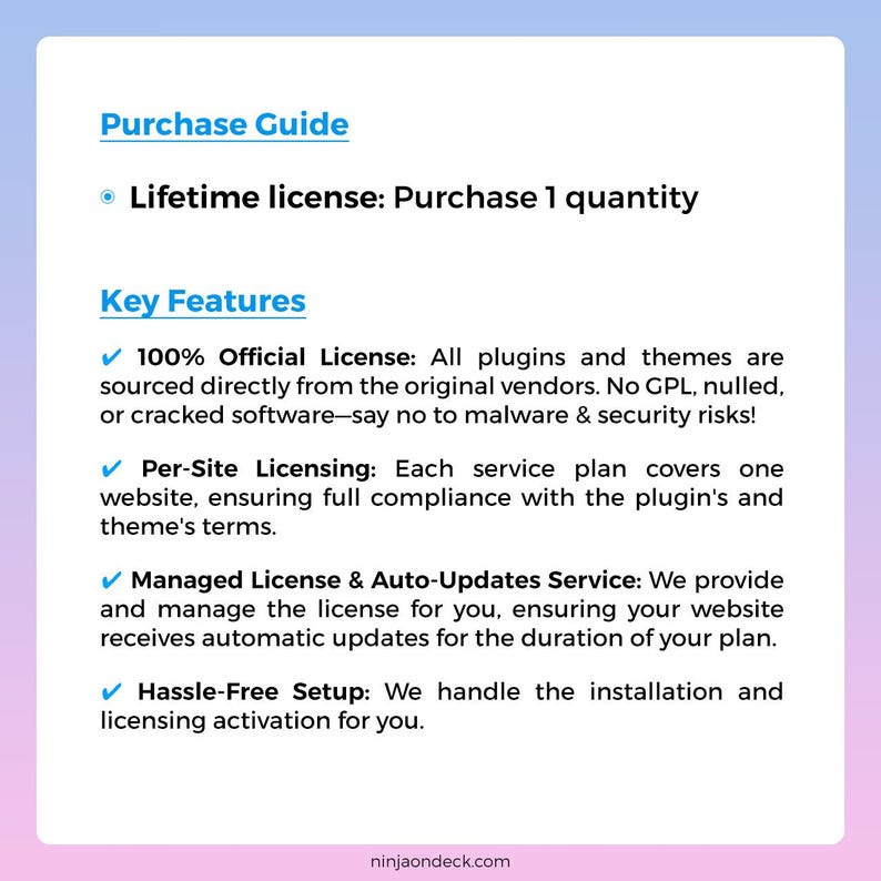 May include: A digital product information graphic with a light blue and purple gradient background. The text includes "Purchase Guide," "Lifetime license," and "Key Features." Key features include official licensing, per-site licensing, managed license, and hassle-free setup.