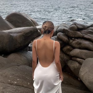 White Silk Satin Slip Dress, Elegant Backless Wedding Guest Dress, Minimalist Bridal Gown, Satin Prom Dress, Evening Cocktail Dress