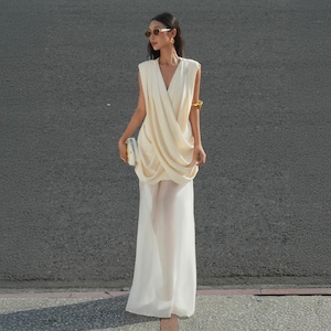 Elegant Silk Dress with Chiffon Skirt, 2 in 1 Silk Maxi Dress, Draped Silk Cocktail Dress, Bridesmaid Dress, Wedding Guest Dress