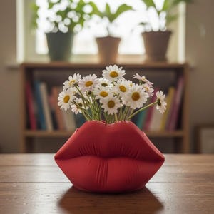 Könnte beinhalten: Eine leuchtend rote Vase in Form von vollen, gespitzten Lippen. Die Vase ist mit einem Strauß weißer Gänseblümchen mit gelben Mitten gefüllt. Die Lippen sind glatt und matt und weisen eine realistische Kontur mit Amorbogen und Falten auf.