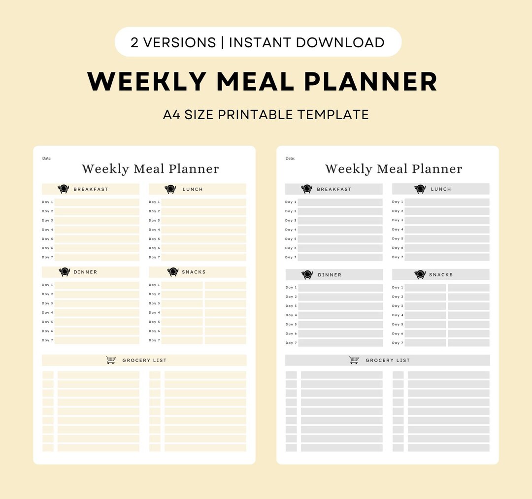 Weekly Meal Planner Printable With Grocery List | 7 Day Meal Plan ...