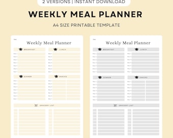 Weekly Meal Planner Printable with Grocery List | 7 Day Meal Plan Template | Kitchen Menu PDF | Meal Prep & Food Planner | A4 A5 Letter