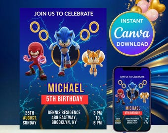 Sonic Birthday Invitation, Sonic The Hedgehog Party Invite, Shadow Birthday Card, Editable kids Canva Template, Instant Digital Download