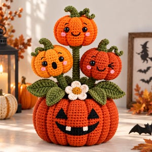 Könnte beinhalten: Ein großer gehäkelter orangefarbener Kürbis mit einem schwarzen Jack-o'-Lantern-Gesicht, gekrönt von drei kleineren gehäkelten Kürbissen an grünen Stielen. Die kleineren Kürbisse haben gestickte Gesichter und eine kleine weiße Blume sitzt an der Basis.