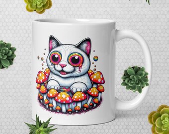 Trippy Cat Mug - Psychedelic White Kitten - Mushroom Art - Vibrant Funky Art Coffee Cup - Rave Festival Gift - Unique Goth Home Decor