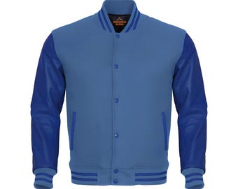 Giacca universitaria personalizzata, giacche da baseball personalizzate, corpo azzurro cielo, maniche in pelle blu, giacca universitaria