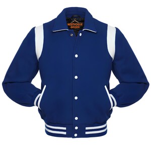 May include: A blue varsity jacket with white accents on the shoulders, pockets, and cuffs. The jacket has a button-up front and a white collar. The brand name "NESTVOGUE GOODS" is visible on a tag inside the collar.