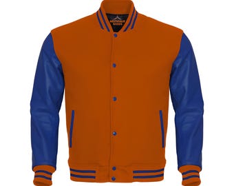 Personlig Varsity-jacka Specialtillverkad Letterman-jacka Orange kropp Blå läderärmar Letterman-jacka Basebolljacka Varsity-jackor
