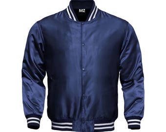 Giacca universitaria, giacca in raso blu navy, giacca da baseball, giacche universitarie personalizzate, giacca universitaria di squadra, giacca universitaria personalizzata