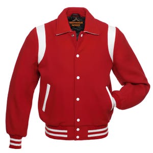 May include: A red varsity jacket with white accents on the shoulders and pockets. The jacket has a white collar and cuffs with white stripes. The jacket has the text "NESTVOGUE GOODS" on the collar.
