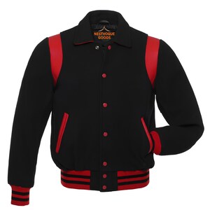 May include: Black varsity jacket with red accents on the shoulders, pockets, and cuffs. The jacket features a button-up front, a collar, and a striped red and black ribbed hem. The brand name "NESTVOGUE GOODS" is visible on the collar.