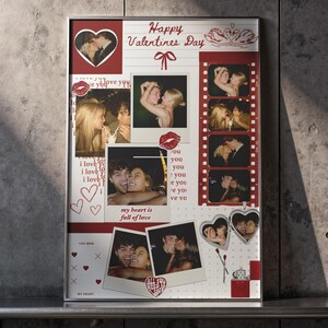 Peut inclure: Un collage encadré pour la Saint-Valentin avec des photos de couples, des cœurs et le texte "Happy Valentines Day". Le collage comprend des photos de style polaroid et un design de bande de film, avec des accents rouges et blancs.
