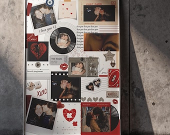 Könnte beinhalten: Ein gerahmtes Collage mit Fotos, Herzen und Text. Die Fotos zeigen Paare, mit Sätzen wie "I love you <3" und "free kisses". Weitere Elemente sind Würfel, eine Kamera und eine Spielkarte.