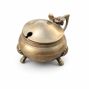 Azucarero de latón antiguo, mostacera de estilo victoriano, adorno de mesa de tres patas